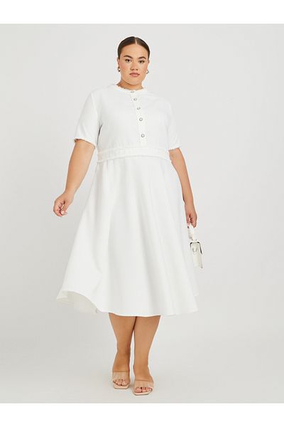 Styli Plus Size Solid Buttoned Short Sleeve A-Line Midi Dress