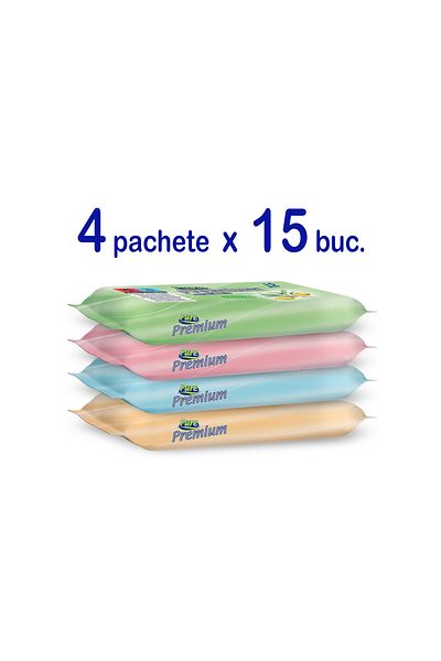 Pure Set de șervețele umede premium de buzunar, 4 pachete x 15 bucăți