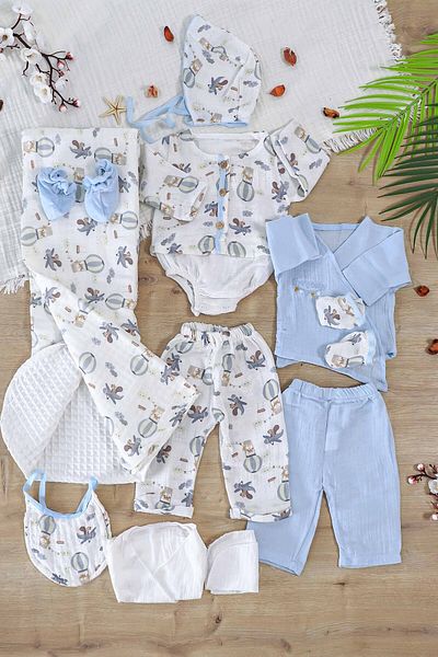 Sitilin Baby Boy Newborn Summer and Seasonal Muslin Blue 10-Piece Luxury Hospital Release Bodysuit Set Stl6994