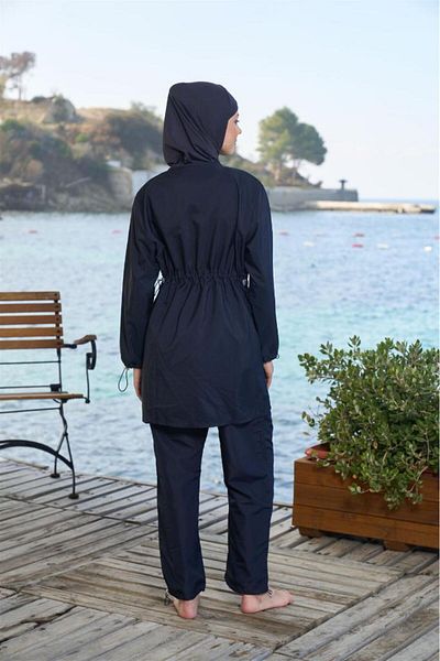 Estiva Plain Sleeve Leg Elastic Zipper Fully Closed Hijab Swimsuit