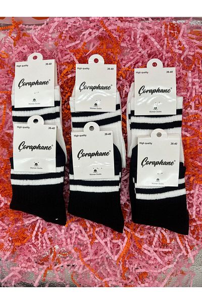 MGEStore 6 τμχ Unisex κάλτσες κολεγίου Μαύρες λευκές ριγέ μακριές κάλτσες ριγέ