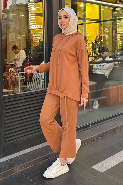 Tesettür Diyarı Women's Ribbed Hooded Double Suit - Camel