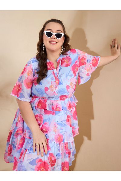 Sassafras By Styli Plus Size Floral Print Tired Knee Length Dress