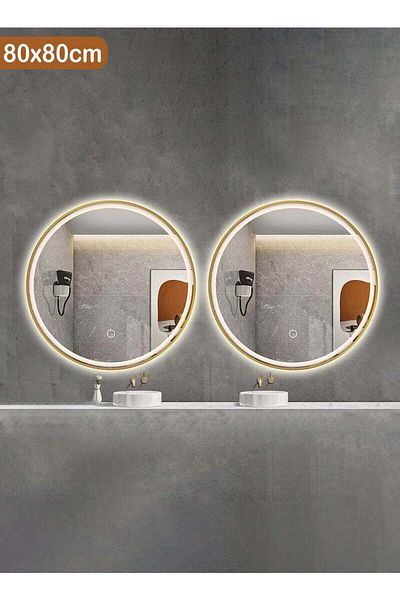 Taimi Set of 2 Round Mirrors with Gold Aluminum Frame and 3-Color LED Touch Front Light for Bathroom 80cm