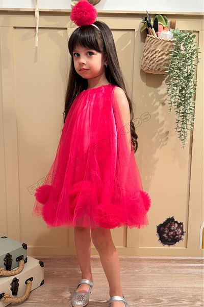 penu baby kids Fuchsia Sleeveless Baby Girl & Girl's Dress with Pompom Hem and Pompom Crown - Lara