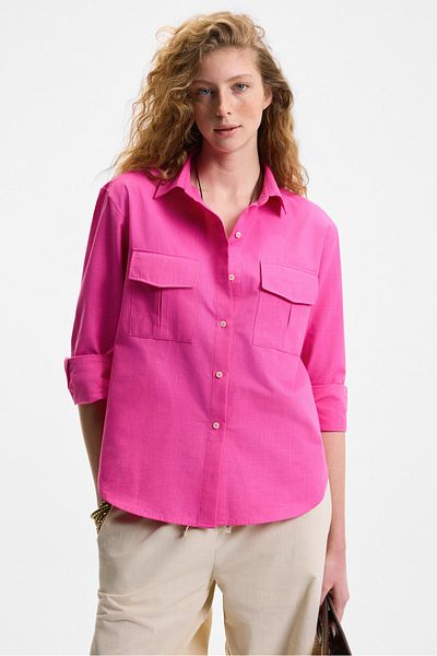 GRIMELANGE Rigo Women Shirt Collar Long Sleeve Regular Long Slim Fuchsia Shirt