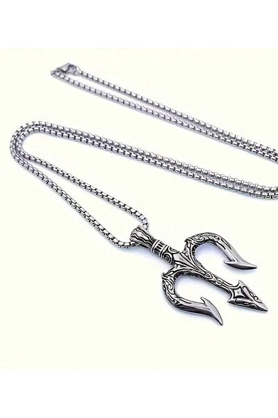 sarıyer silver Poseidon Spear Figured Triple Pronged Spear Neptune Themed Mythology Fantastic Style Sailor Steel Pendant