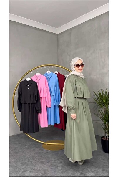 QUAWEAR Shirt Collar Pleat Detailed Lined Shirt and Side Pockets Ornamental Buttoned Skirt Double Set