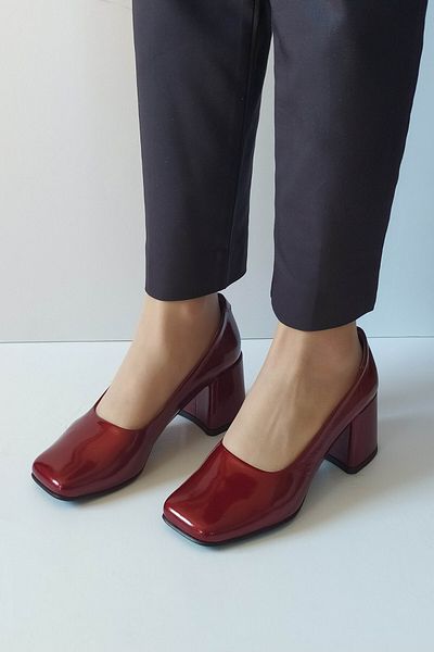 ERS Air Comfort Women's Burgundy Patent Leather Genuine Leather Classic Heeled Shoes Blunt Toe Simple Stylish