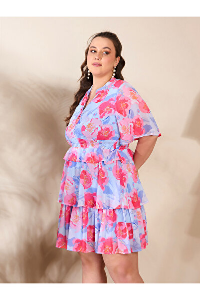 Sassafras By Styli Plus Size Floral Print Tired Knee Length Dress