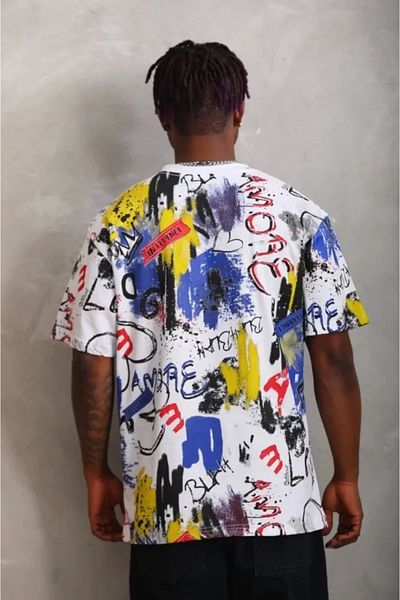 MHT STORE Tricou unisex cu imprimeu supradimensionat cu decolteu - alb