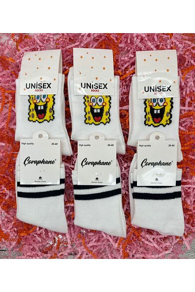 MGEStore 6 τμχ Unisex κάλτσες κολεγίου ριγέ και μακριές κάλτσες με μοτίβο Μπομπ Σφουγγαράκης
