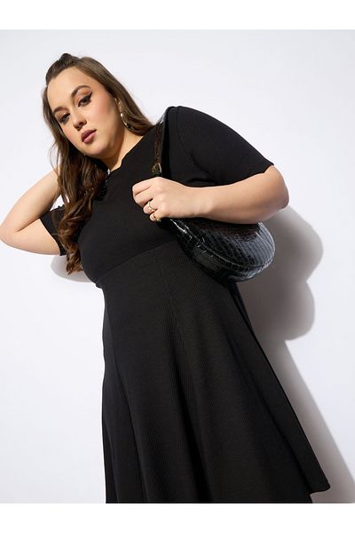 Sassafras By Styli Plus Size Ribbed Round Neck Knee Length Dress