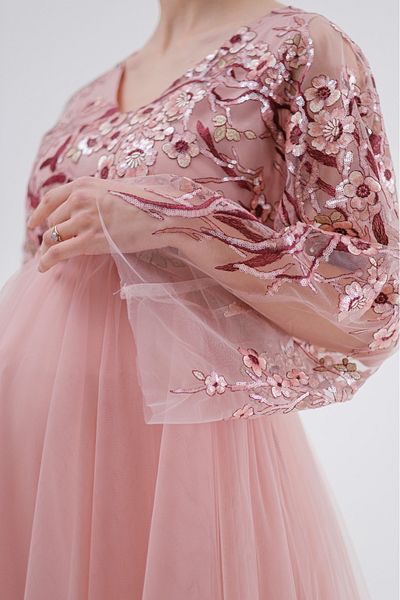 Desen Hamile Giyim Pink Embroidery Tulle Evening Dress Maternity Dress