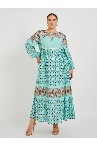 Styli Plus Size Printed Square Neck Long Sleeves Maxi Dress