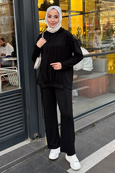 Tesettür Diyarı Kadın Fitilli Kapsonlu İkili Takım -Siyah