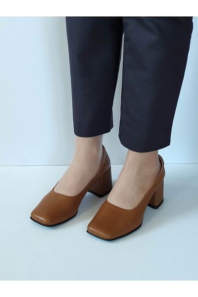 ERS Air Comfort Women's Tan Genuine Leather Classic Heeled Shoes Blunt Toe Simple Stylish