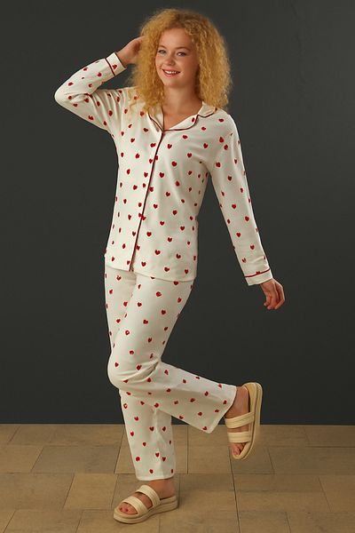 CrazyShopping Red Heart Patterned Cotton Knitted Pajama Set