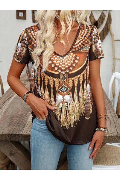 Moda Ebrar Women's Short Sleeve V-Neck Short Sleeve Loose Patterned Single Jersey Blouse