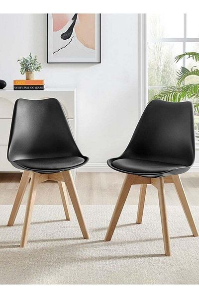 Taimi Pack of 2-Mid Century Modern Chair with Back Rest, Padded Seats and Solid Wood Legs, Black