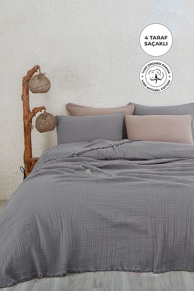 Evlen Home Collection 100% Cotton Muslin Bedspread Set Single 4 Layers Soft Muslin Pique Set Blanket Gray