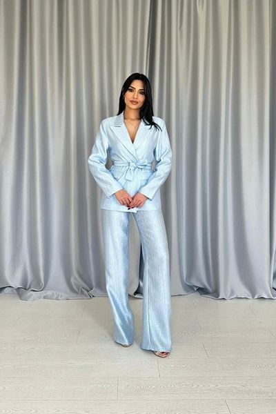 MAREANDPANDA Blue Belted Waist Jacket and Trousers Shiny Set