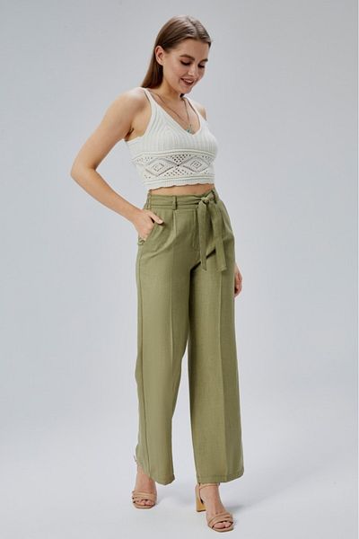 Jamila Linen Summer Women's Trousers with Elastic Waist and Belt