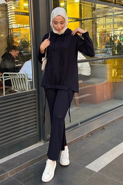 Tesettür Diyarı Navy Blue Corded Hooded Women's Double Suit