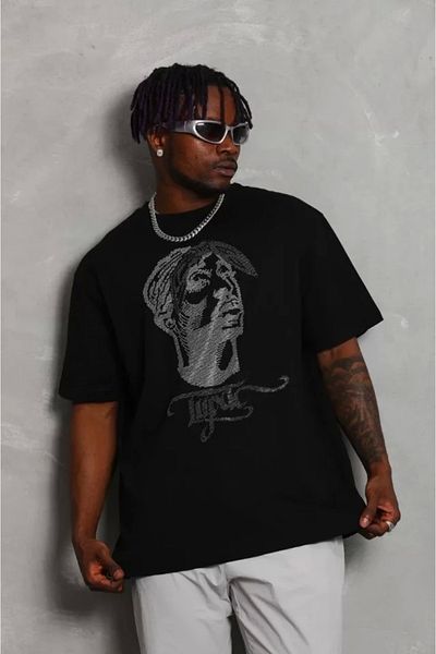Sobe Hediyelik Unisex Oversize Jewelled Crew Neck T-Shirt - Black