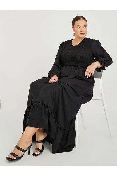 Styli Plus Size Solid Long Sleeves Smocked A-Line Maxi Dress