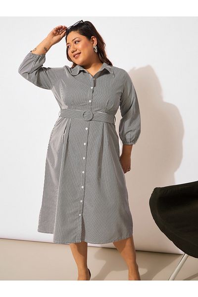 Sassafras By Styli Plus Size Striped Belted Midi Shirt Dress
