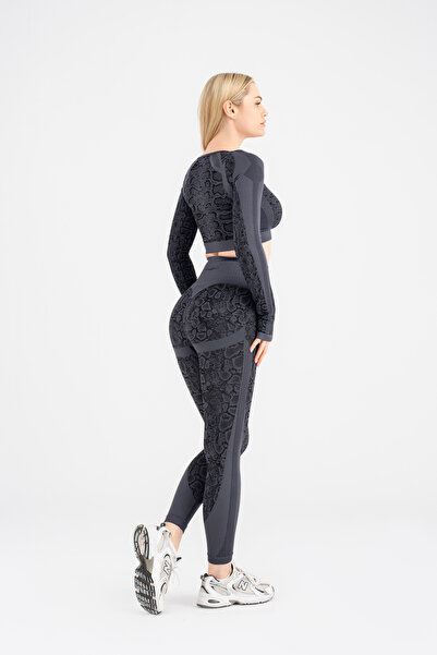GYMXPRO Süper Esnek Push-up Detaylı Yılan Desenli Spor Uzun Kollu Takım