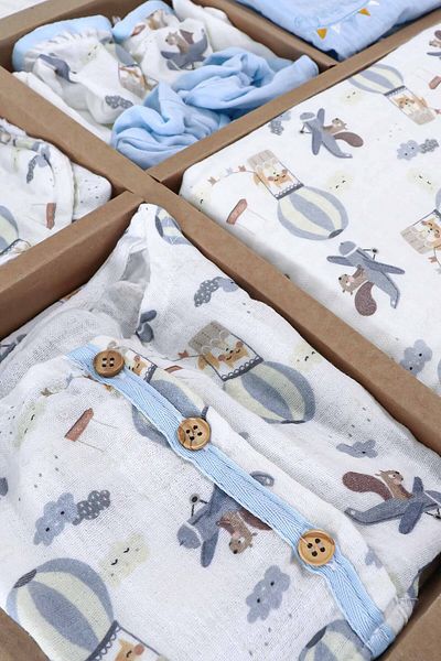 Sitilin Baby Boy Newborn Summer and Seasonal Muslin Blue 10-Piece Luxury Hospital Release Bodysuit Set Stl6994
