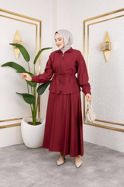 QUAWEAR Zippered Lace-Up Shirt and Skirt Strawberry Fabric Double Set