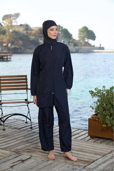 Estiva Plain Sleeve Leg Elastic Zipper Fully Closed Hijab Swimsuit