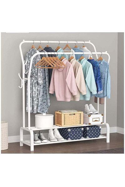 Saharaz 2-in-1 double rod metal clothes drying rack,durable,easy to install,with storage rack,for home,white