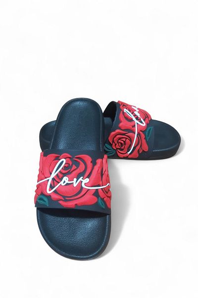 GEZER Rose Engraved Black Non-Slip Sole Slippers. Pool Sea Bathroom Balcony Terrace Home and Street Slippers