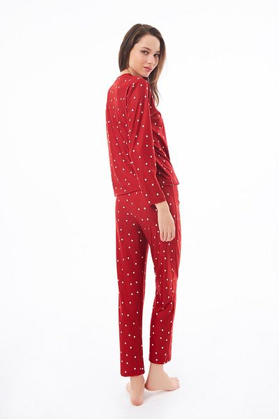 Cottonhill Premium Summer Women's Pajamas Set Red Heart Pattern Soft Textured Crew Neck Long Sleeve