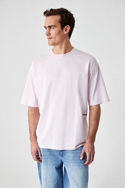 GRIMELANGE MAINE Ανδρικό κέντημα με λεπτομέρεια 100% οργανικό βαμβάκι Oversize Crew λαιμόκοψη ροζ μπλουζάκι