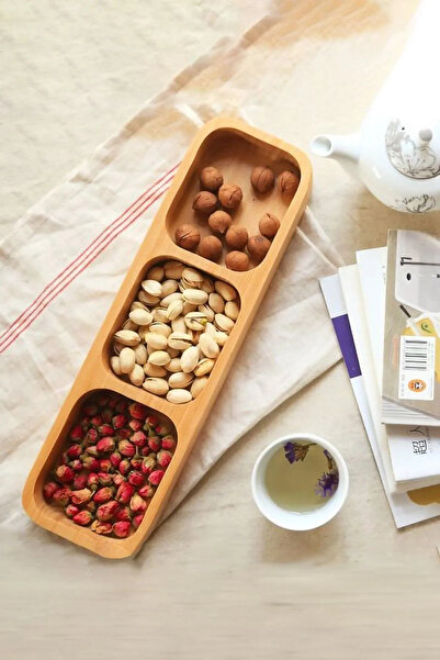 zeynobella Φυσικό ξύλινο διακοσμητικό πιάτο σνακ Μπαμπού Πιάτο παρουσίασης με 3 θήκες