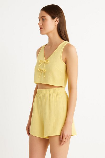 Bolders Outdoors Yellow Linen Women's Bow Vest and Shorts Bottom - Top Set