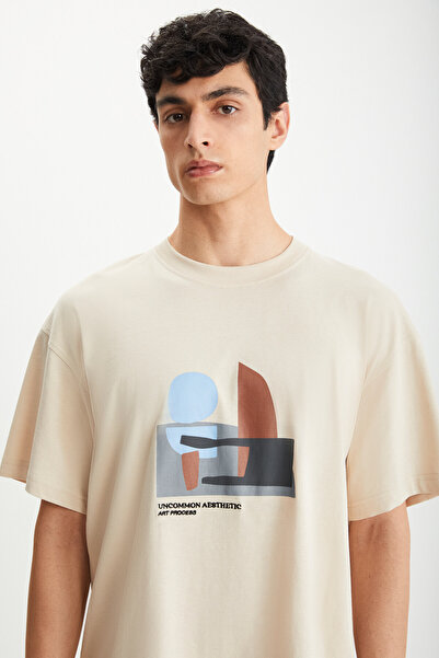 GRIMELANGE Ανδρικό μπλουζάκι Lexoro 100% βαμβακερό με λαιμόκοψη με στάμπα μπεζ