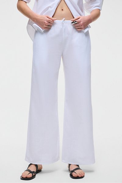 GRIMELANGE Ubana Women's 100% Cotton Linen Look Flamli Mid Waist Wide Leg Comfortable White Trousers