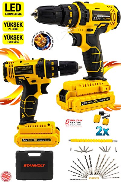 STANVOLT Şarjlı Matkap Darbeli Çift Li-on Akü 24 Parça Uç Hediyeli