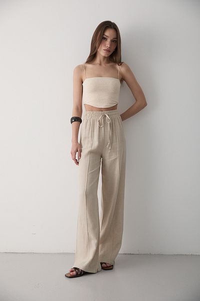 JASTE Women's Beige Elastic Waist Lace-Up Linen Trousers