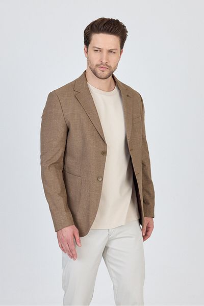 Frappoli Tadic Men's Camel Patterned Stretch Fabric Slim Fit Half Lining with Pocket Bag 4 Season Blazer Jacket