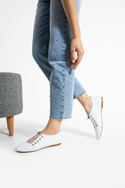 Getcho Santa γυναικεία λευκά δερμάτινα παπούτσια μπαλαρίνας με κορδόνια, ελαφριά, επίπεδη σόλα, παπούτσια γραφείου