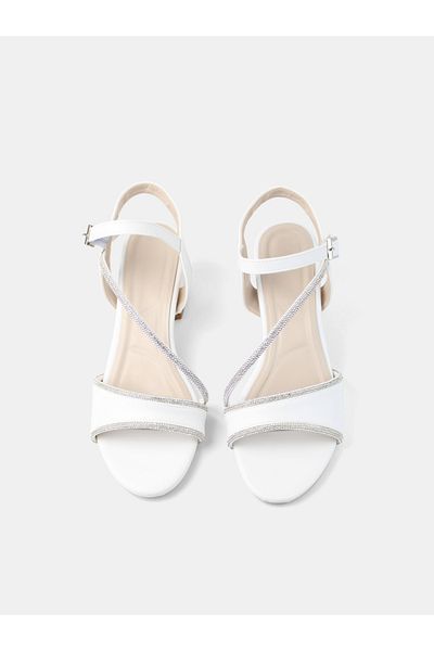 MAGGIO White Women's Stone Ankle Strap Thick Heeled Evening Dress Shoes
