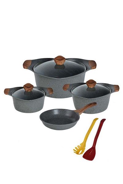 Procila 9-Piece Aluminum Cookware Set Grey With Tempered Glass Lid, Soft Touch Wooden Handles, Non-S