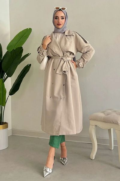 Tesettür Diyarı 120cm Cream Trench Coat - Snap Detail and Lined, 38-44 Compatible